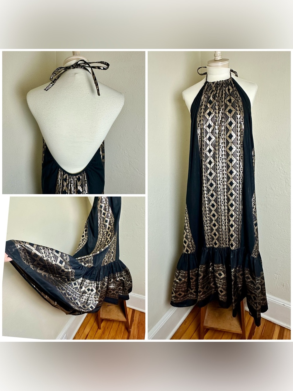 $391 Anthropologie Lace The Label Black & Metallic Gold Vacation Greece Dress S